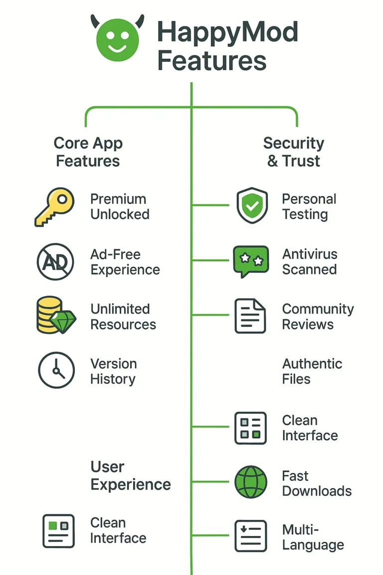 Infographic detailing the features of the HappyMod APK, including its security verification process, core benefits like unlimited resources, and a comparison with the Google Play Store.