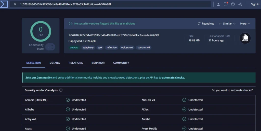 VirusTotal Scan Results for HappyMod