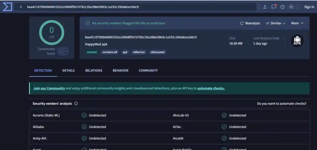 VirusTotal Scan of HappyMod 3.2.3