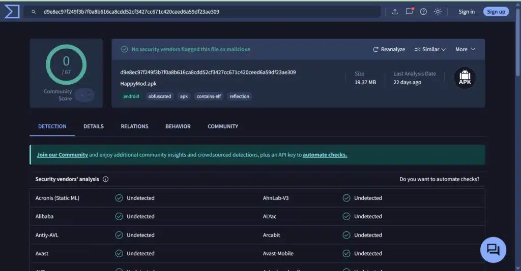 HappyMod 3.2.6 VirusTotal Scan
