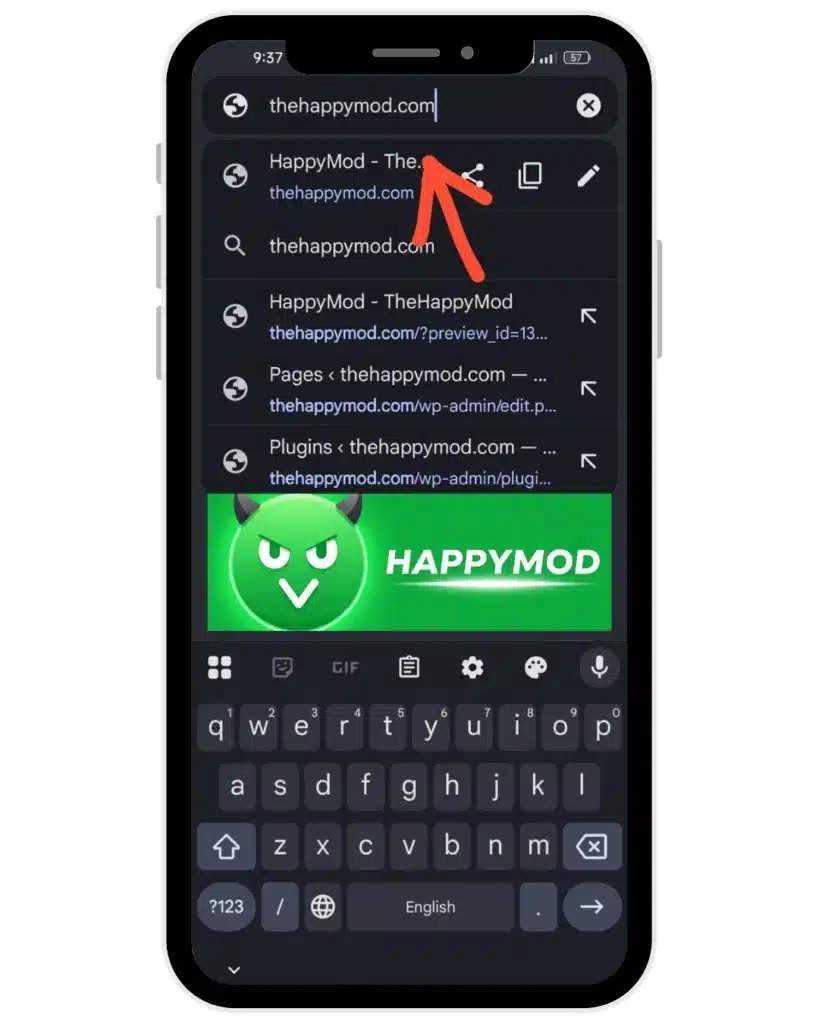 Opening a browser and searching thehappymod.com to find the official HappyMod APK download page