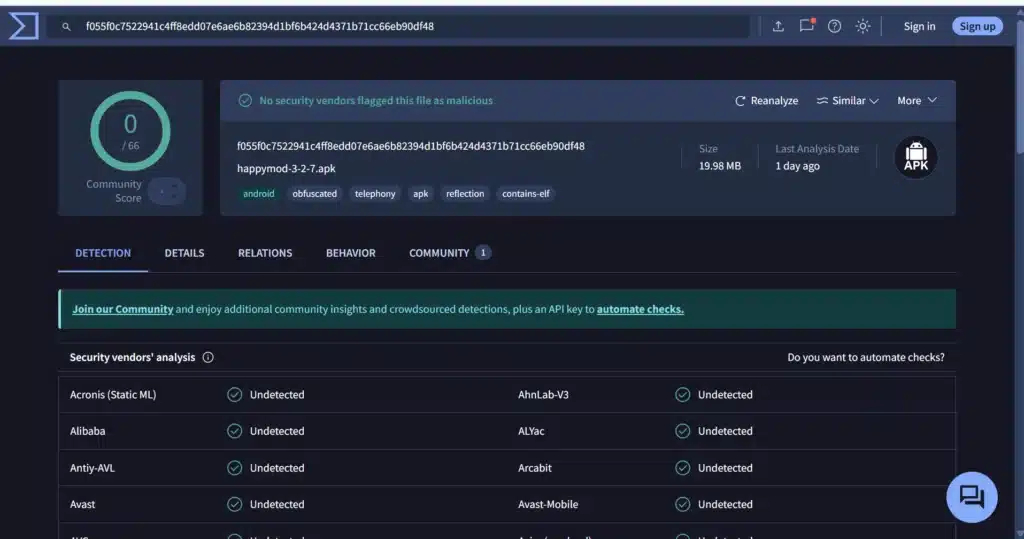 VirusTotal scan results for HappyMod APK v3-2-7 showing zero detections across 65+ antivirus engines