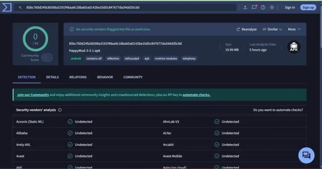 VirusTotal scan results for HappyMod APK latest version showing zero detections across 65+ antivirus engines
