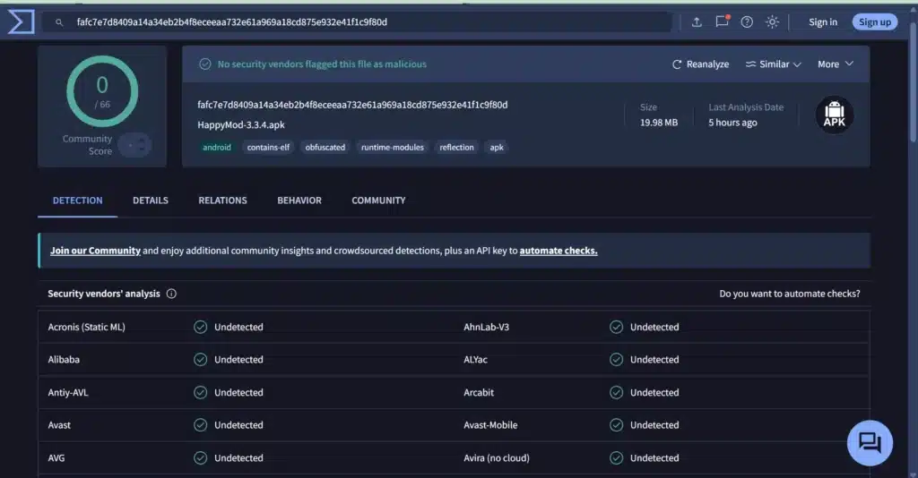 VirusTotal scan results for HappyMod APK latest version showing zero detections across 65+ antivirus engines