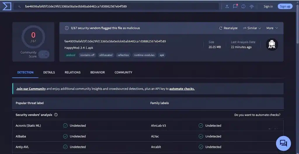 VirusTotal scan results for HappyMod APK latest version showing zero detections across 65+ antivirus engines